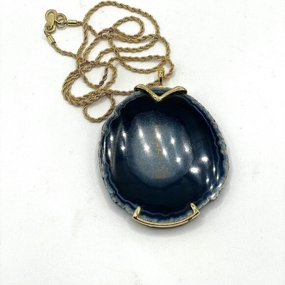 Kenneth Lane Vintage 70s Large Blue Agate Geode Slice Iconic Pendant Necklace - Picture 3 of 7